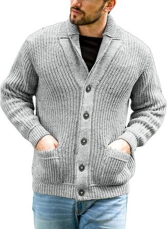Чоловічий кардиган Runcati з грубого в'язання, з коміром-стійкою, з довгими рукавами, на ґудзиках, сірий, XL