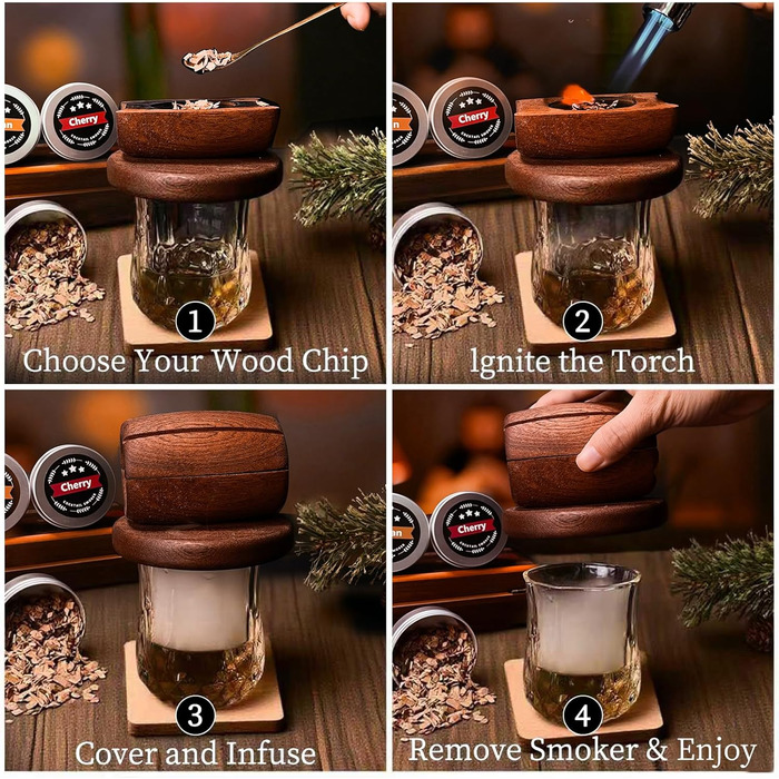 Набір для копчення коктейлів: 6 смаків, дерев'яні чипси, форми для льоду, 2 склянки. Ідеальний подарунок для чоловіків. (Без бутану)