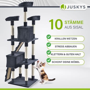 Дерево для котів Juskys Amy XXL з печерами, лежанками, сходами та сизалевими стовпчиками - стабільний котячий комплекс 170 см, сірий/темно-сірий