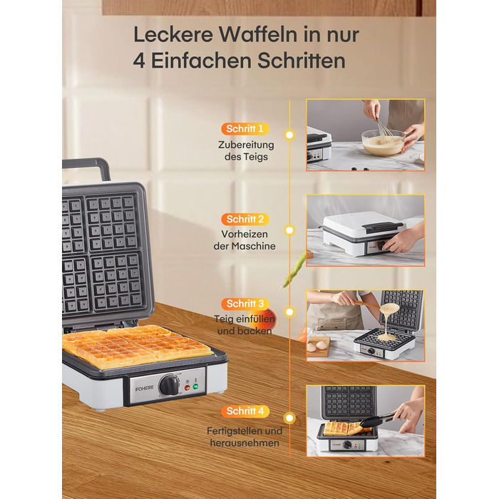 Електричний вафельниця FOHERE 4 вафлі, XXL, антипригарне покриття, Paninigrill, вафельниця для тостів, 1200 Вт