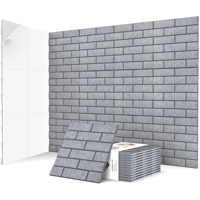 Акустичні панелі JBER самоклеючі для звукоізоляції, шумопоглинаючі стінові панелі «цеглина» для студії, офісу та дому, 30 x 30 x 1 см, сірі, 12 шт.
