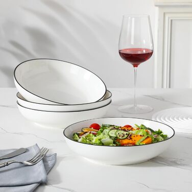 MALACASA Набір посуду 6 предметів: тарілки для пасти, супу, салату, сервірування. Глибокі тарілки для спагеті, велика супова миска. 1250 мл, білий з чорним обідком.