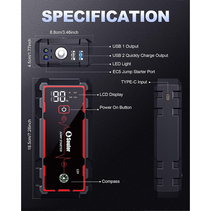 Бустер для автомобіля (Jump Starter) 8000mAh, портативний пусковий пристрій 12V для бензинових двигунів до 7.0L та дизельних до 5.0L, з ліхтариком та пусковими кабелями