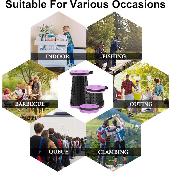 Тeleskopний складаний стільчик для кемпінгу, риболовлі та відпочинку, 280 кг, фіолетовий, 25x25x45 см