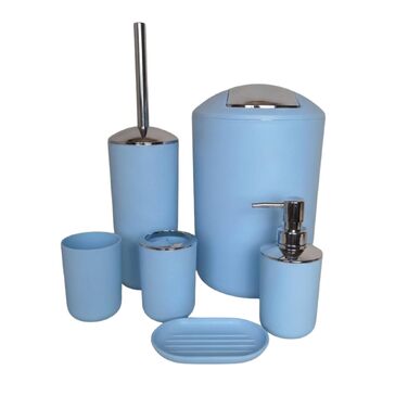 Набір аксесуарів для ванної кімнати 6 предметів, пластик, блакитний: туалетний йоржик, кошик для сміття, стакан для зубних щіток, мильниця, дозатор для мила, декоративна тарілка