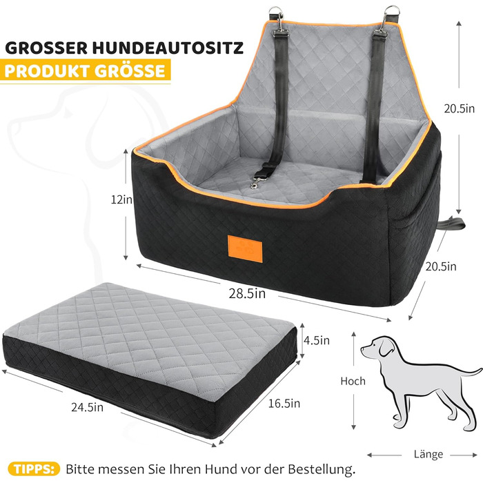 GL GLENSLAVE Dog Car Seat for Medium/Large Dogs - Elevated Pet Seat for Dogs Up to 25kg or 2 Small Dogs - Removable & Washable with Thick Cushions & Storage Pockets (Black/Gray)