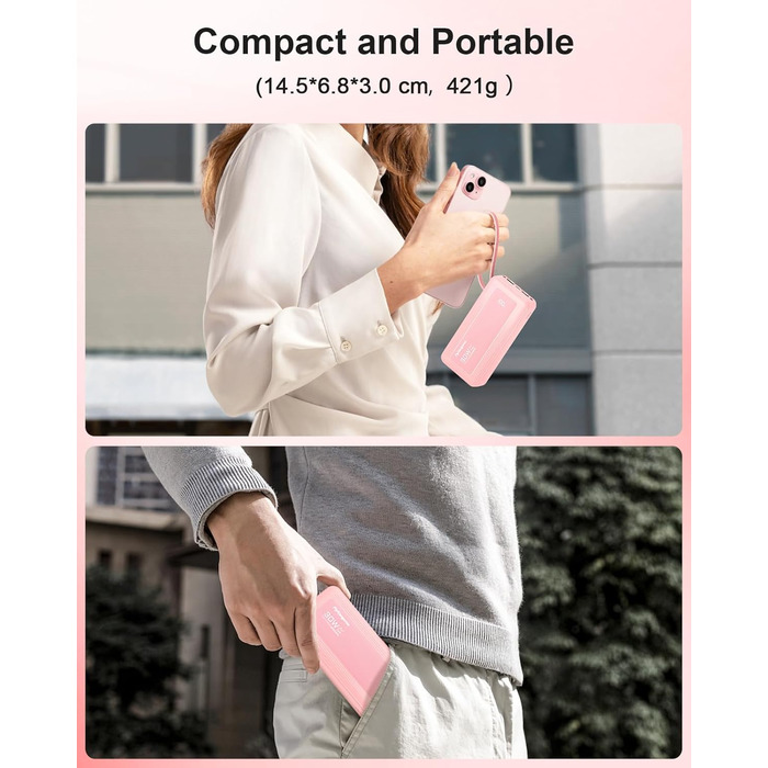 Повербанк 27000mAh з 4 вбудованими кабелями, 30W Power Bank USB-C швидка зарядка з LED-дисплеєм для iPhone, Samsung, iPad та Android, рожевий