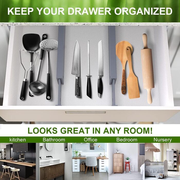 ANTOWIN 10 Pcs Adjustable Bamboo Drawer Dividers, Drawer Organizer, Spring-loaded, Kitchen, Dresser, Bathroom, Bedroom, Baby Drawer, Desk Organization System (43-56 cm) Natural