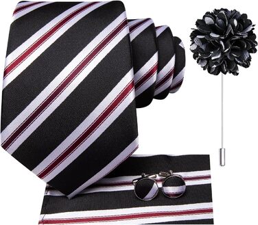 Набір краваток для чоловіків Hi-Tie: краватка, нагрудна хустинка, затискач, запонки, формальний шовк (чорний, білий, червоний, в смужку)