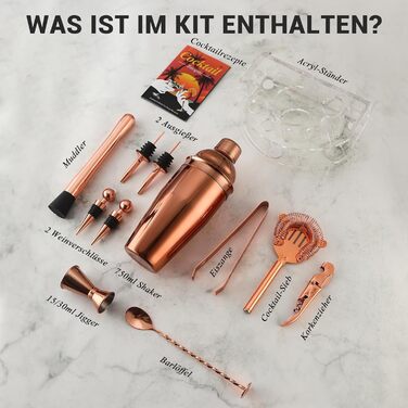 Cocktail Shaker Set, Stainless Steel Cocktail Set with 12-Piece Bar Accessories, 750ML Shaker Bartender Set with Stand, Cocktail Machine Bar Set for Home, Gifts for Men Dad Bartender (Rose Gold)