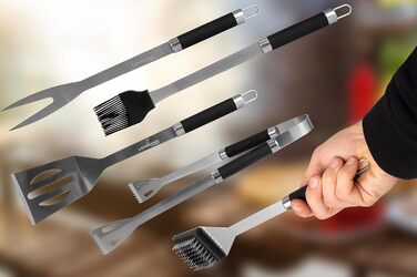 Набір гриль-посуду Lehmann з нержавіючої сталі в кейсі | Комплект аксесуарів для гриля з лопаткою, виделкою та щипцями | Ідеальний подарунок для чоловіків та жінок