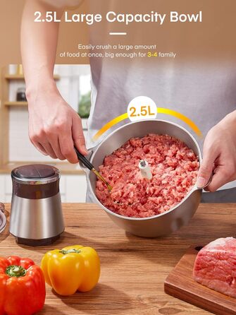 Електричний подрібнювач FOHERE для кухні, 350W, з чашею 2.5л з нержавіючої сталі та 2 швидкостями, 4 леза з нержавіючої сталі для м'яса, цибулі та овочів