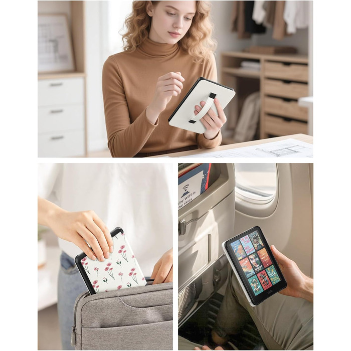 Чохол MoKo для Kindle Paperwhite (12-ге покоління, 2024) та Kindle Colorsoft Signature Edition (2024), з петлею для руки, авто-ввімкнення/вимкнення, Agave Grün (рожеві квіти)
