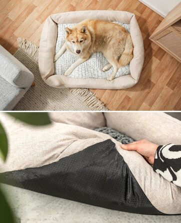 Lionto Dog Basket with Fluffy Reversible Cushion, Cozy Pet Bed in Heathered Design with Deep Entry for Dogs & Cats of All Sizes, 80x60 cm, Soft Dog Bed, (Beige, L 110 x W 80 x H 28 cm (with name tag))