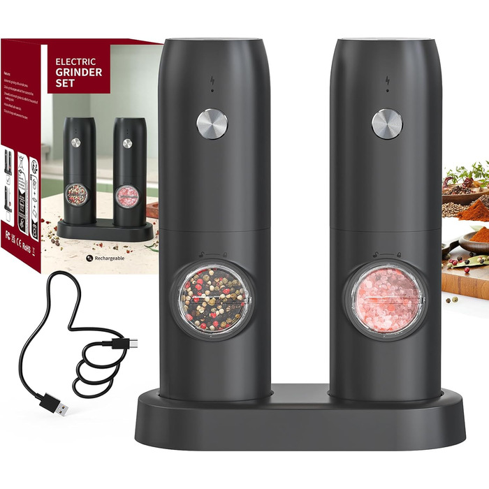 Електричні соляні та перечні млини CIRCLE JOY 2 шт. з зарядною станцією, світлодіодне підсвічування, регулювання помелу, чорний (70мл)