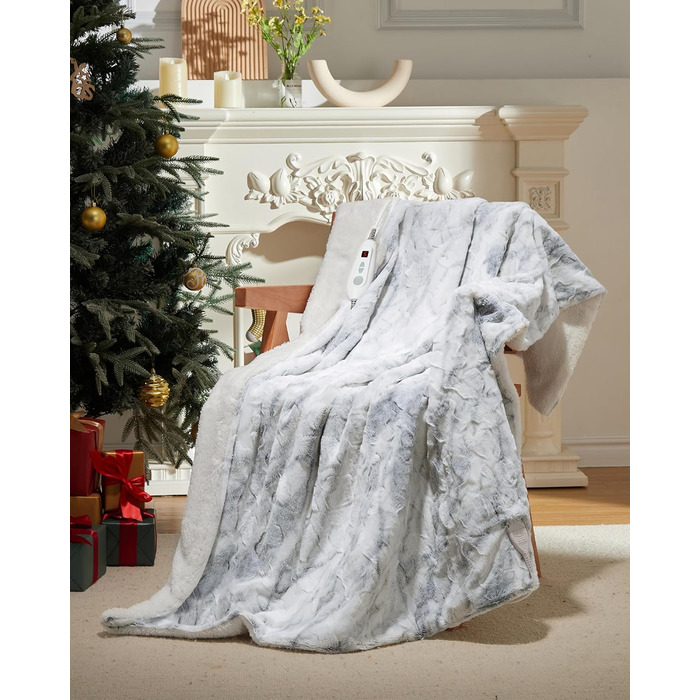 Електрична ковдра LinTimes з автовимкненням, 6 температурних режимів, таймер 10 годин, PV-велюр та Sherpa фліс, пральна, (Мраморний, 180 x 130 см)