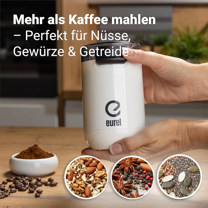 Електрична кавомолка EUREL KMA з нержавіючою сталею, змінний помел, 45г, білий колір