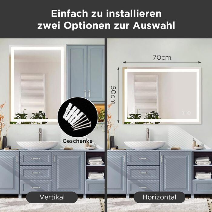 Дзеркало для ванної кімнати з підсвічуванням 50x70 см, сенсорне керування, протитуманне покриття, 3 кольори світла, регулювання яскравості, пам'ять налаштувань, матове, прямокутне