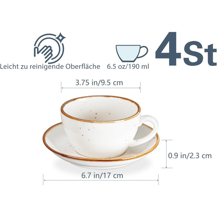 One more Cappuccino cups made of white ceramic, with saucers, 190 ml, espresso cups 4-piece set, for cafe and mocha, creamy white