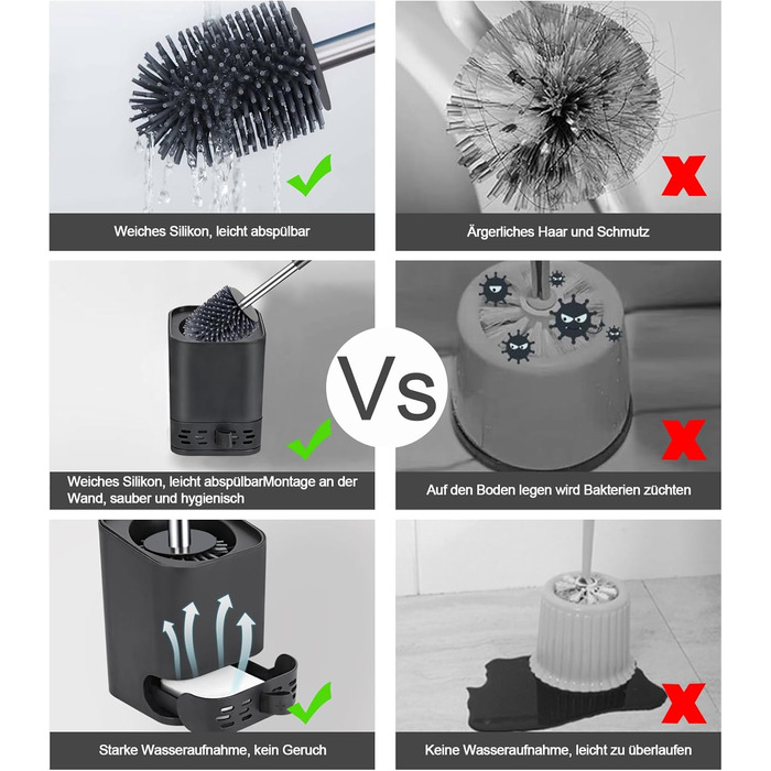 Силіконова щітка для унітазу Glowbal з контейнером, швидковисихаюча, для ванної кімнати, настінний монтаж/стоячий дизайн, білий/сірий (чорний/сірий)