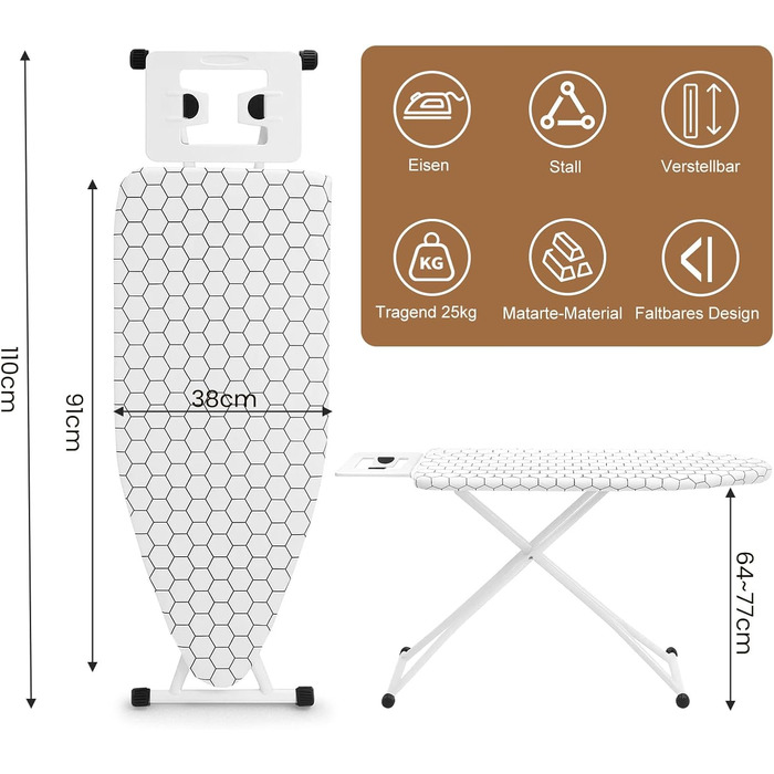 Прасувальна дошка 110 x 38 x 64-77 см, регульована по висоті, з антиковзкими ніжками та чохлом з бавовни, з підставкою для праски (біле в квадратик)