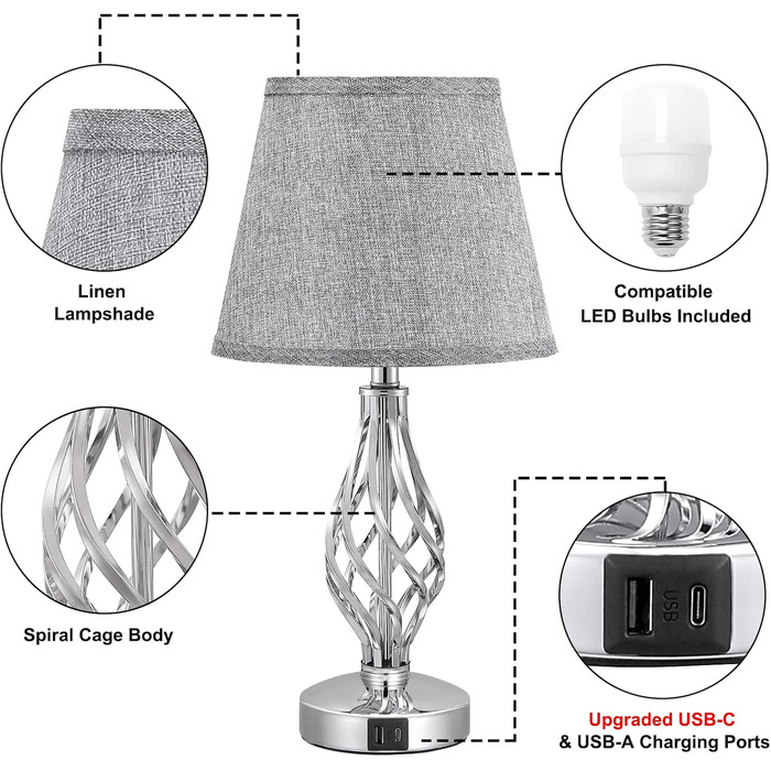 Настільна лампа Kakanuo 2 шт. з USB зарядкою, диммуванням та LED-лампочками, сірий абажур. Сучасний дизайн для спальні, вітальні, офісу.