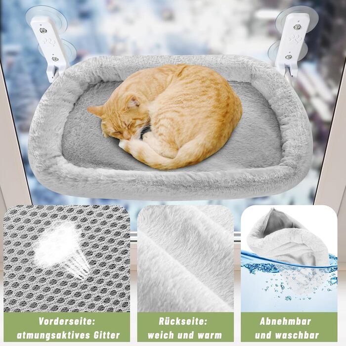 Лежанка для котів на вікно 60x30 см, гамак для котів зі стабільними присосками, складане ліжко для котів на віконну раму, підходить для котів вагою до 20 кг (з ліжком для котів XL, сірий)