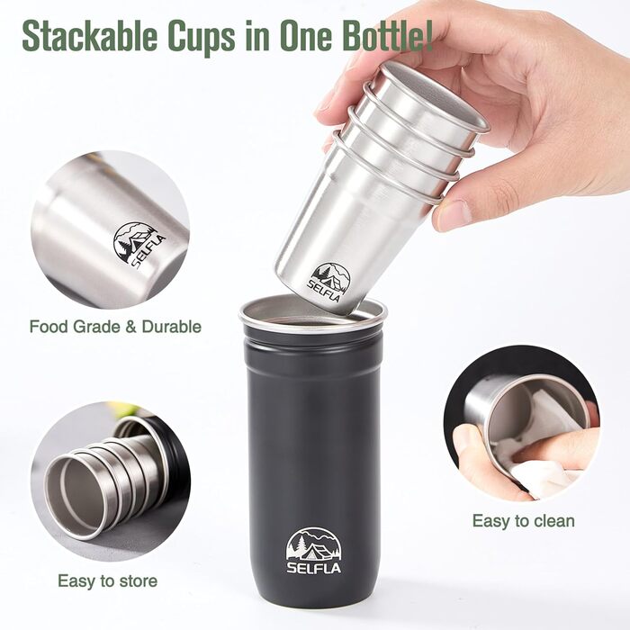 Набір стаканів з нержавіючої сталі SELFLA – стакани та пляшка для кемпінгу, подорожей, альпінізму та пригод – легкі, міцні, легко миються