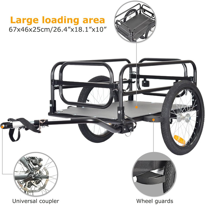 Складаний вантажний причіп Tiggo для велосипеда. Об'єм 70 літрів, вантажопідйомність 40 кг. Розміри платформи: 67 x 46 x 25 см