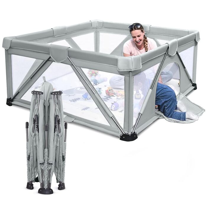 Foldable baby playpen, Heyo. Yes, large play yard, baby and toddler playpen, play fences for babies and toddlers with gate, portable playard for indoor and outdoor use (120 x 160 x 68 cm) Cold Grey 120 x 160 x 68 cm
