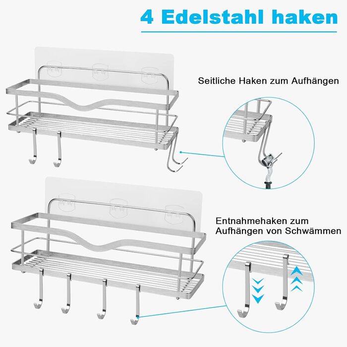 Підставка для душу з нержавіючої сталі без свердління (2 шт.): полиця для шампуню, мила, гелю для душу, органайзер для ванної кімнати, кухні, срібна