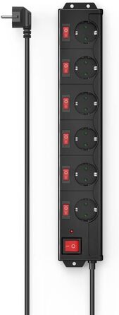 Розподільник розеток Hama з індивідуальним керуванням, захистом від перенапруги, 6 розеток, поворот на 90°, чорний, 1.4м кабель