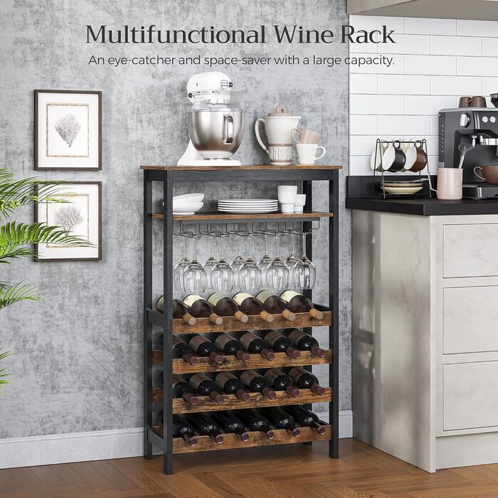 SONGMICS Wine Rack, for 24 Wine Bottles, Freestanding, Bottle Rack with Glass Holders, for Kitchen, Bar, Dining Room, vintage brown-black KWR028B01