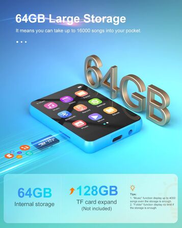 MP3 плеєр 64GB Bluetooth 5.3 HiFi з металевим корпусом, радіо FM, диктофон, сенсорний екран 2.4