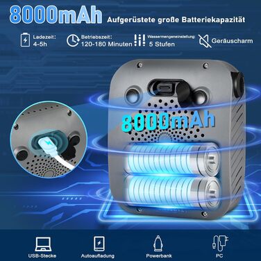Портативна душ для кемпінгу з насосом та індикатором температури, 8000mAh, сірий. Комплект для відпочинку на природі, автомийки, пляжу, подорожей та догляду за тваринами.