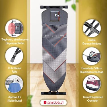 Прасувальна дошка DEVEÇİOĞLU 156x45 см з чохлом 140x40 см, для парогенераторів, складна, ідеальна як настільна прасувальна дошка