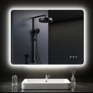 Дзеркало для ванної кімнати з підсвічуванням 50 x 70 см, LED дзеркало для ванної, антизапарник, 3 кольори світла, регулювання яскравості, прямокутна форма, сенсорна кнопка, функція пам'яті, горизонтальний/вертикальний монтаж