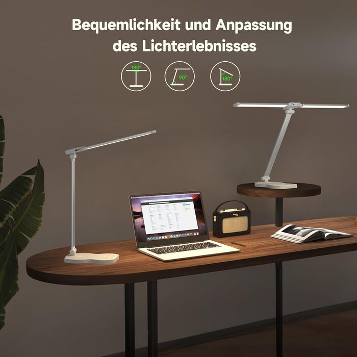 LED лампа настільна з двома руками, 5 кольорів та 10 рівнів яскравості, таймер вимкнення на 45 хвилин, сенсорне керування, для навчання (біла)