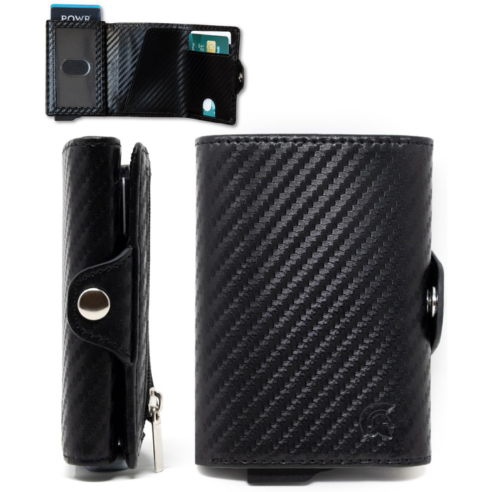 Чоловічий металевий картхолдер POWR Wallet з відділенням для монет. Мінімалістичний картхолдер для чоловіків (чорний карбон)