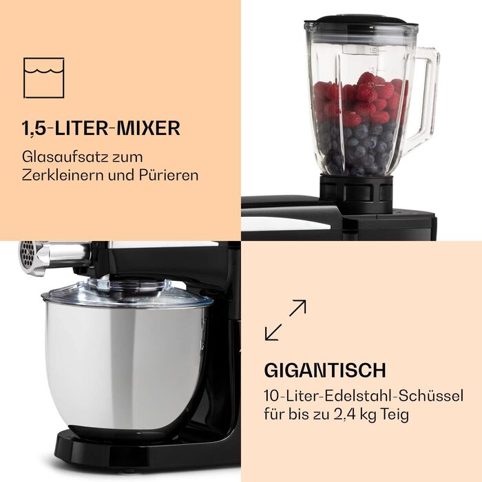 Klarstein Kitchen Machine, Universal Kitchen Machine, 3-in-1 Kitchen Machine, Mixing Appliances & Mixers, Dough Machine with Meat Grinder, Kitchen Machine, 2000 Watt Dough Machine Kneading Machine 10L Bowl Red