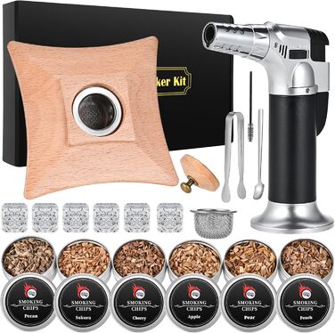 Набір для копчення коктейлів GOLDGE: набір для диму Whiskey з 6 видами тирси, кам'яні димогенератори, подарунок для тата/чоловіка