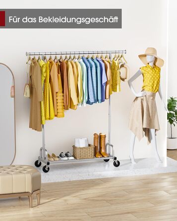 Вешалка для одягу на колесах, з полицею та широкою перекладиною, 116 x 43 x 150 см, сріблястого кольору