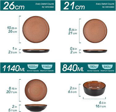 Набір посуду Vancasso AMBER 24 предмети для 6 осіб, червоний, кераміка - тарілки обідні, десертні, супові, миски