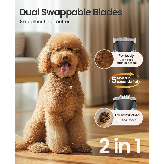 Професійна машинка для стрижки собак та котів Oneisall 2-в-1 з тримером для лап, для довгошерстих та сплутаних порід, потужна машинка для грумінгу