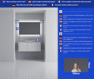 Дзеркало для ванної кімнати Artforma з підсвічуванням, 120x70 см, без рами, сучасний дизайн, виготовлення на замовлення