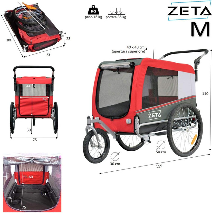 PAPILIOSHOP: Причіп для собак та котів, візок для тварин – 3 розміри, стабільний, комфортний, практичний (червоний)