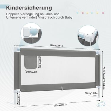 WOLTU Bed Rail, Bed Protection Rail for Children's Beds & Adult Beds, Retractable Child Bed Rail 180 cm, Fall Protection Height Adjustable 69-87 cm, Dark Grey 180cm Dark Grey