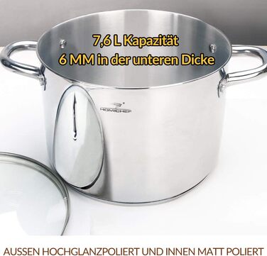 HOMICHEF Soup Pot 24.5 cm 9.5 Liter with Glass Lid - Nickel-Free Stainless Steel Pot 9.5 Liter with Handle - High-Gloss Polished Soup Pot 9.5 Liter - Healthy Induction Pot Cooking Pot with Lid Silver Glossy - Stainless Steel High-Gloss Polished (7.6 Liter - 24.5 cm wide, Silver Glossy - Stainless Steel High-Gloss Polished)
