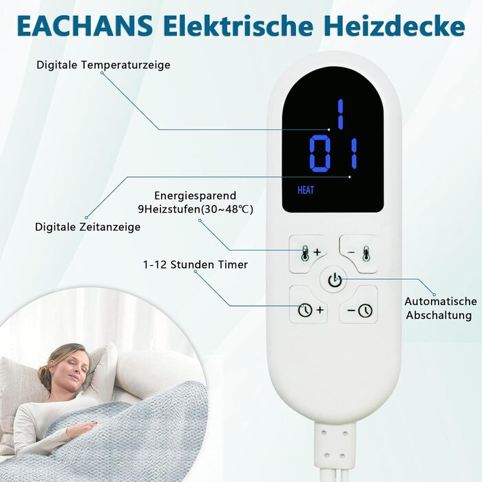 Електрична ковдра Eachans 180x150 см з автовимкненням, 9 рівнів нагріву, таймер 1-12 год, пральна фланелева Sherpa ковдра для ліжка та дивану, підігріваюча ковдра, плед (120*150 см)