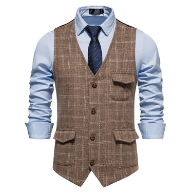 Чоловіча жилетка в клітинку, формальна, без рукавів, з V-подібним вирізом, твід, для бізнесу та відпочинку, жилетка з кишенею, колір кава